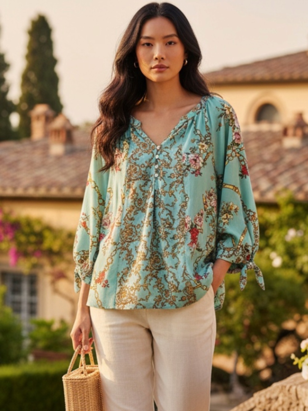 Fig and Flower Top Tunic Shirt Sz XL 14 16 Floral Teal Boho Peasant Romantic